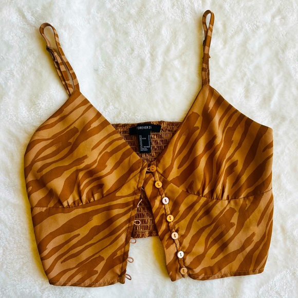 Tan and Brown Zebra Buttoned up Crop Top - Picture 1 of 3